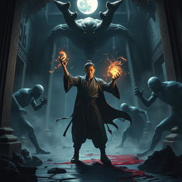 An intense scene depicting a great Vietnamese magician locked in battle with ghostly figures, showcasing his powerful abilities as he wears a glowing talisman on his head