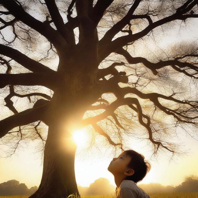 A child, full of fascination and wonder, looking up at a tall tree that stretches into the sky