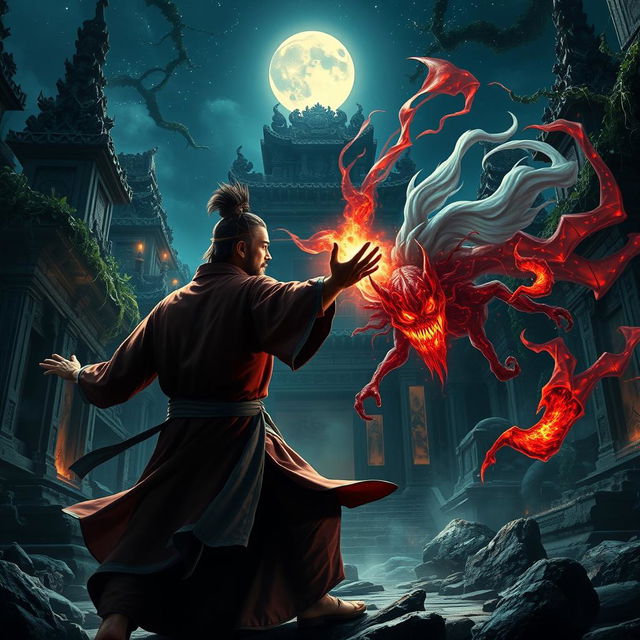 An epic scene showcasing a great Vietnamese magician engaged in a fierce battle against ethereal ghosts