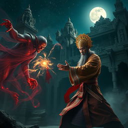 An epic scene showcasing a great Vietnamese magician engaged in a fierce battle against ethereal ghosts