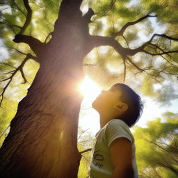 A child, full of fascination and wonder, looking up at a tall tree that stretches into the sky