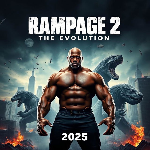 A striking movie poster concept for 'RAMPAGE 2: The Evolution (2025)', prominently featuring Dwyane Johnson in a robust and heroic pose, showcasing his character's strength and determination