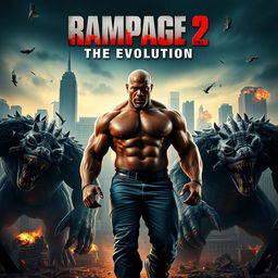 A striking movie poster concept for 'RAMPAGE 2: The Evolution (2025)', prominently featuring Dwyane Johnson in a robust and heroic pose, showcasing his character's strength and determination