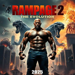 A striking movie poster concept for 'RAMPAGE 2: The Evolution (2025)', prominently featuring Dwyane Johnson in a robust and heroic pose, showcasing his character's strength and determination