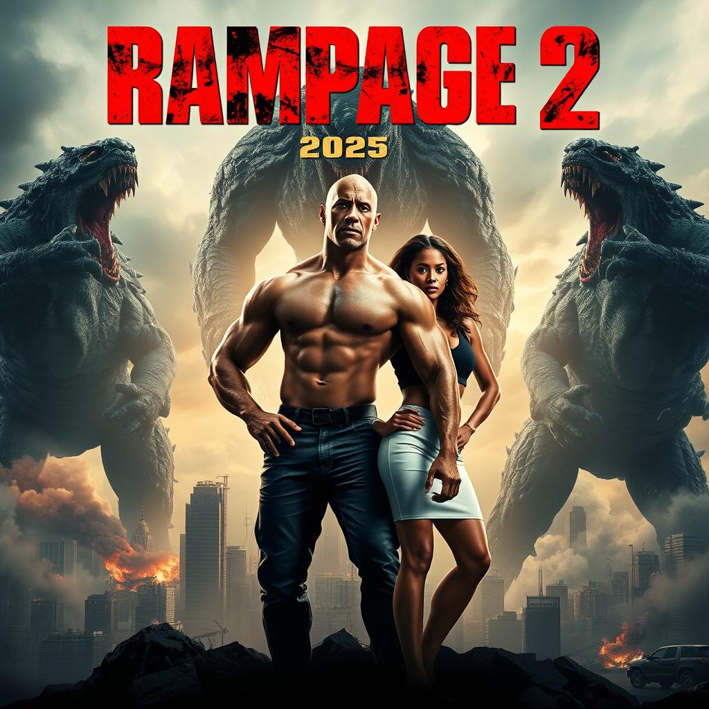 An electrifying movie poster for 'RAMPAGE 2 (2025)', prominently featuring Dwayne Johnson and Naomie Harris