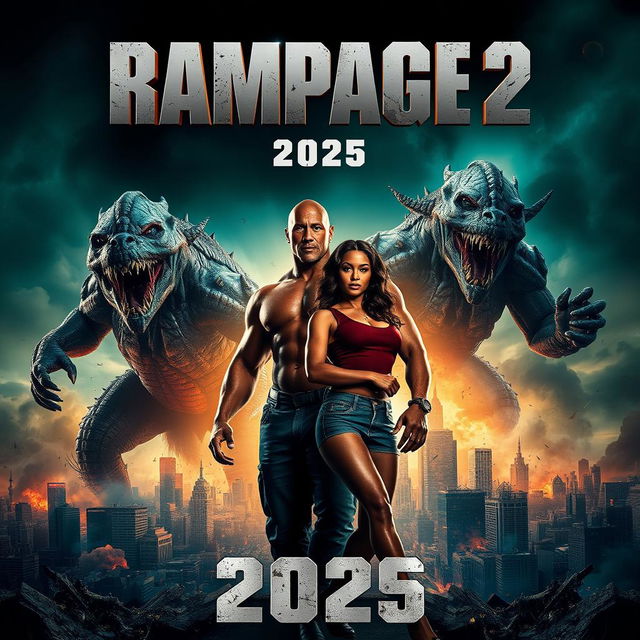 An electrifying movie poster for 'RAMPAGE 2 (2025)', prominently featuring Dwayne Johnson and Naomie Harris