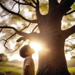 A child, full of fascination and wonder, looking up at a tall tree that stretches into the sky