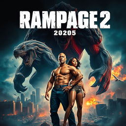 An electrifying movie poster for 'RAMPAGE 2 (2025)', prominently featuring Dwayne Johnson and Naomie Harris
