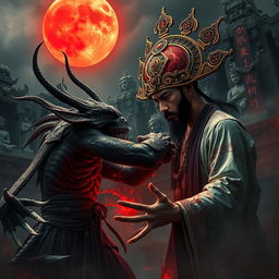 A dramatic scene depicting a great Vietnamese magician engaged in a fierce battle against a bloody demon
