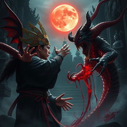 A dramatic scene depicting a great Vietnamese magician engaged in a fierce battle against a bloody demon