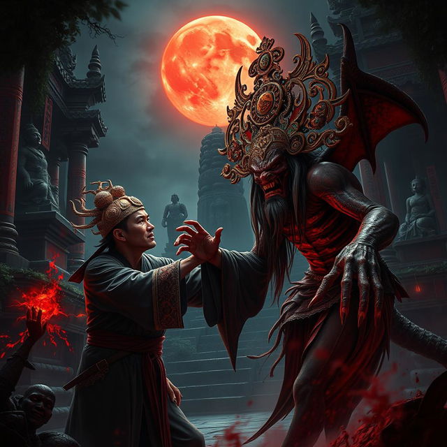 A dramatic scene depicting a great Vietnamese magician engaged in a fierce battle against a bloody demon