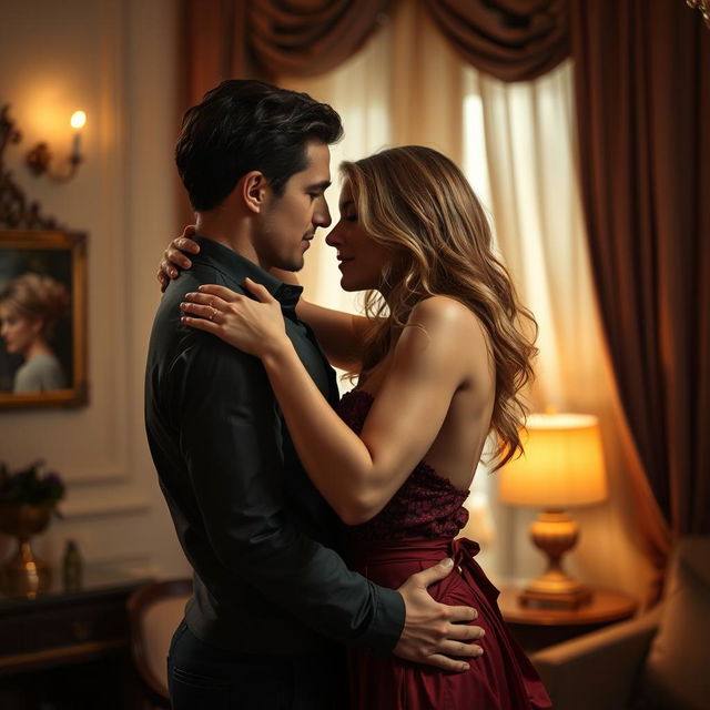 A sensual and intimate scene depicting two adults engaged in a romantic embrace, set in a softly lit room with warm tones