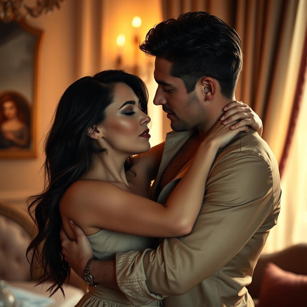 A sensual and intimate scene depicting two adults engaged in a romantic embrace, set in a softly lit room with warm tones
