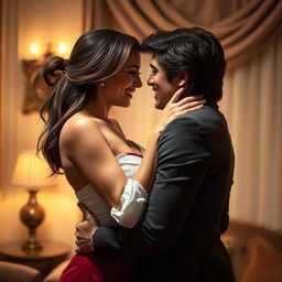 A sensual and intimate scene depicting two adults engaged in a romantic embrace, set in a softly lit room with warm tones