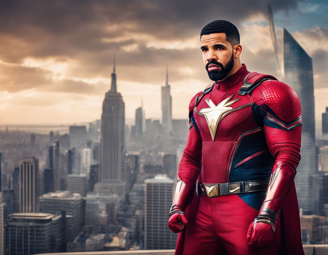 Raw 200mm photograph of Drake in a Marvel superhero costume against a blurred cityscape background.