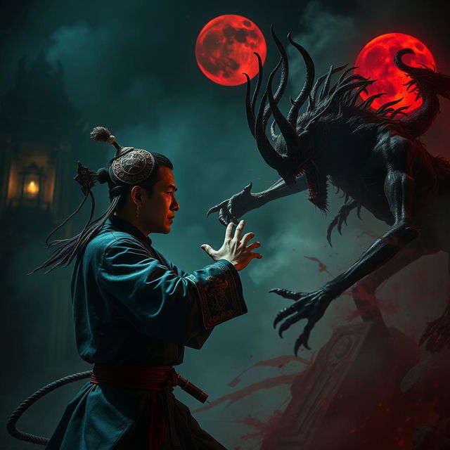 A dramatic scene showcasing a great Vietnamese magician in a fierce battle against a bloody demon