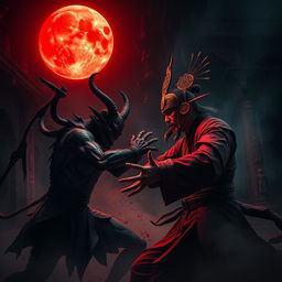 A dramatic scene showcasing a great Vietnamese magician in a fierce battle against a bloody demon