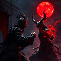 A dramatic scene showcasing a great Vietnamese magician in a fierce battle against a bloody demon