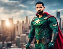 Raw 200mm photograph of Drake in a Marvel superhero costume against a blurred cityscape background.