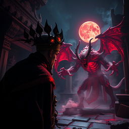 An epic scene of a great Vietnamese magician in combat with a bloody demon, set within the shadows of an ancient temple at night