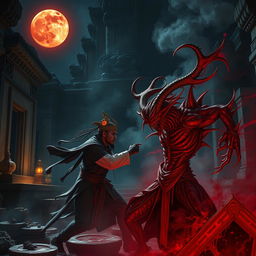 An epic scene of a great Vietnamese magician in combat with a bloody demon, set within the shadows of an ancient temple at night