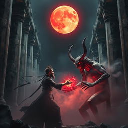 An intense scene portraying a great Vietnamese magician in a battle against a bloody demon