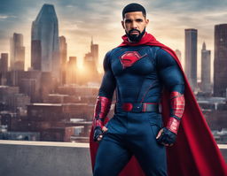 Raw 200mm photograph of Drake in a Marvel superhero costume against a blurred cityscape background.