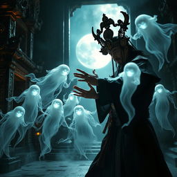 A captivating scene featuring a great Vietnamese magician engaged in combat with ethereal ghosts