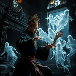 A captivating scene featuring a great Vietnamese magician engaged in combat with ethereal ghosts