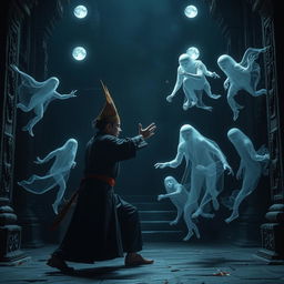 A captivating scene featuring a great Vietnamese magician engaged in combat with ethereal ghosts