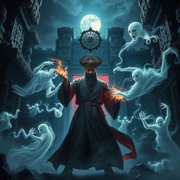 An electrifying scene depicting a great Vietnamese magician battling against ghosts in an ancient temple under the night sky