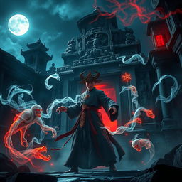 An electrifying scene depicting a great Vietnamese magician battling against ghosts in an ancient temple under the night sky