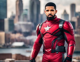 Raw 200mm photograph of Drake in a Marvel superhero costume against a blurred cityscape background.