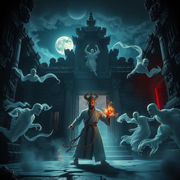An electrifying scene depicting a great Vietnamese magician battling against ghosts in an ancient temple under the night sky