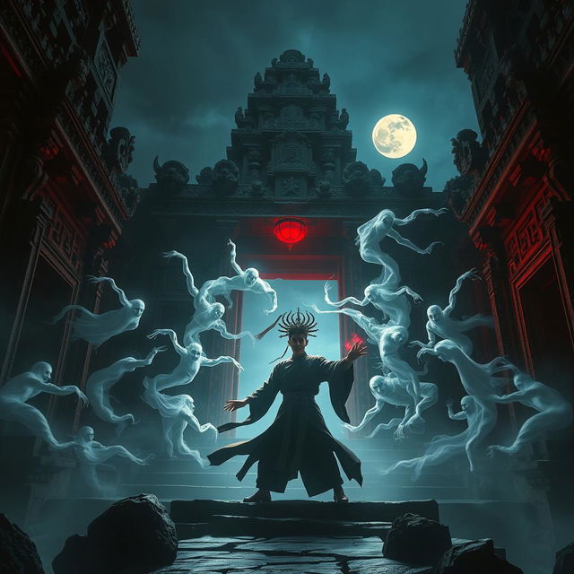 An electrifying scene depicting a great Vietnamese magician battling against ghosts in an ancient temple under the night sky