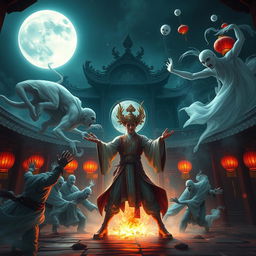 A mesmerizing scene depicting a great Vietnamese magician engaged in a fierce battle with ghostly apparitions