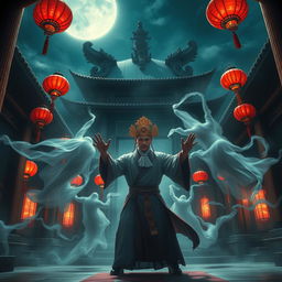 A mesmerizing scene depicting a great Vietnamese magician engaged in a fierce battle with ghostly apparitions