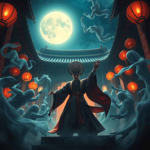 A mesmerizing scene depicting a great Vietnamese magician engaged in a fierce battle with ghostly apparitions