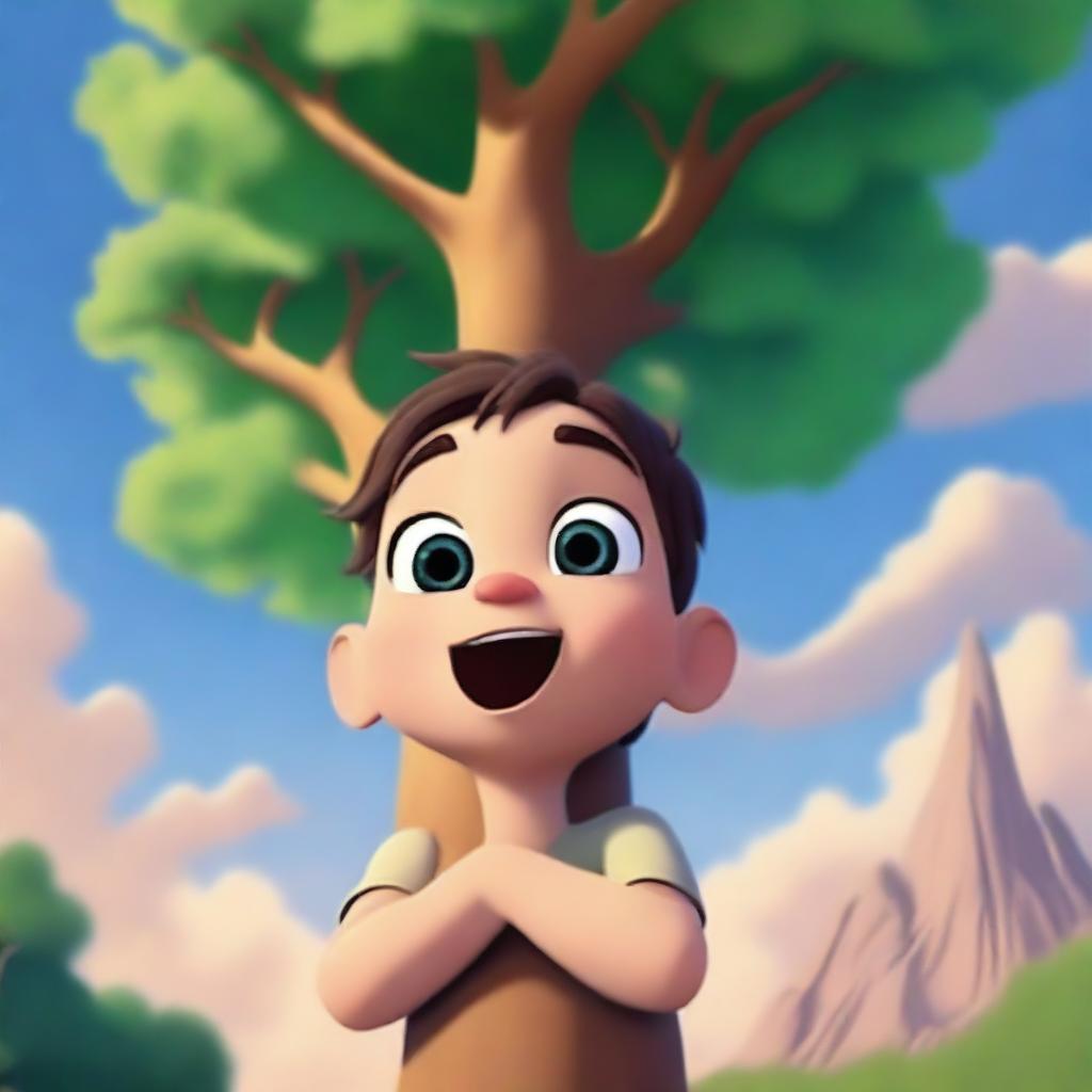 A Disney-style representation of a child, with large expressive eyes, gazing in awe at a towering, majestic tree reaching for the sky