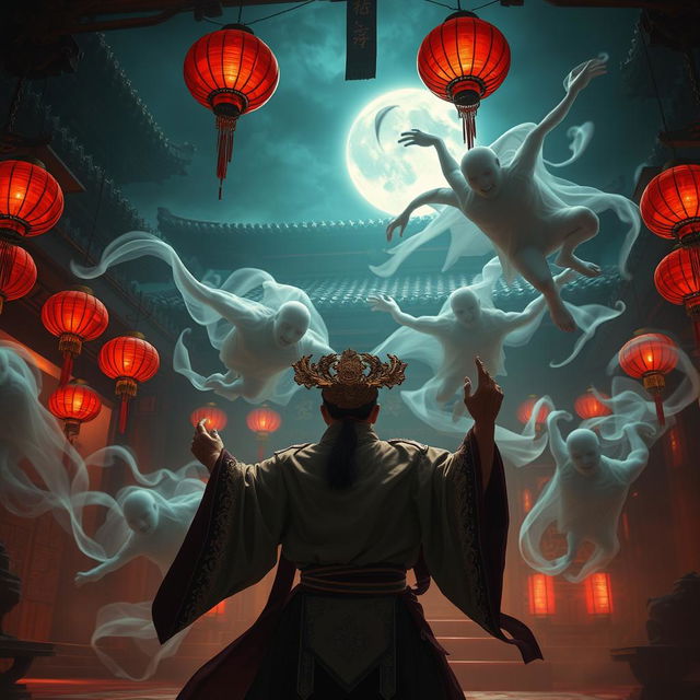 An enthralling scene depicting a skilled Chinese magician engaging in a fierce battle against ghostly apparitions