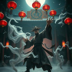 An enthralling scene depicting a skilled Chinese magician engaging in a fierce battle against ghostly apparitions