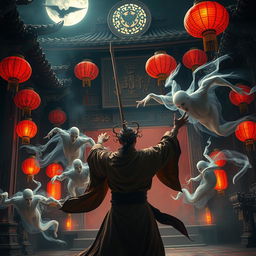 An enthralling scene depicting a skilled Chinese magician engaging in a fierce battle against ghostly apparitions