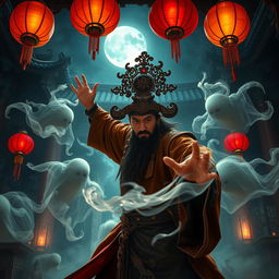 An enthralling scene depicting a skilled Chinese magician engaging in a fierce battle against ghostly apparitions