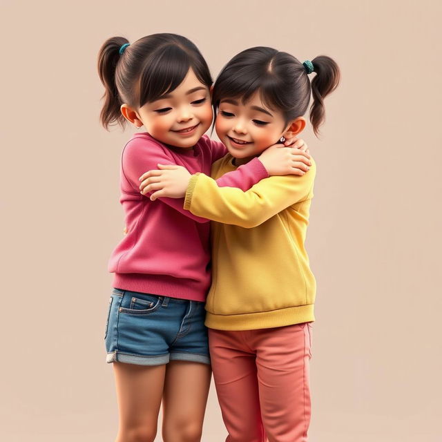 A very realistic full-body render of two young sisters standing together, embracing each other in a loving hug