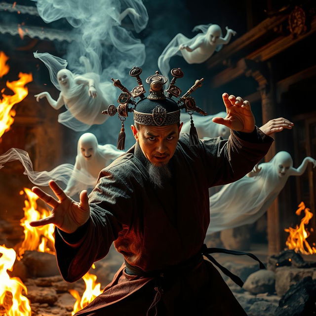 A thrilling scene showcasing a Chinese magician in a fierce struggle against ghostly entities, with multiple amulets creatively affixed to his head, symbolizing his magical prowess