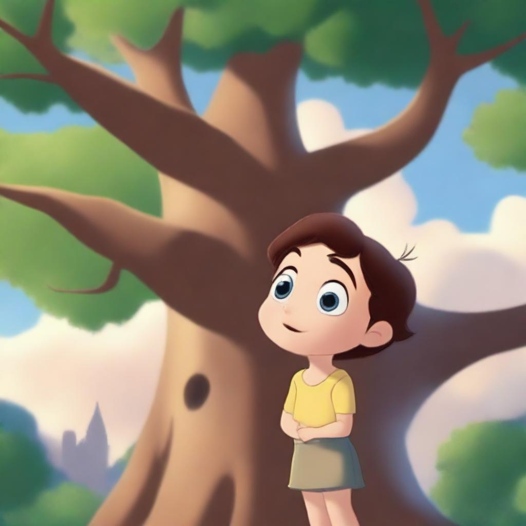 A Disney-style representation of a child, with large expressive eyes, gazing in awe at a towering, majestic tree reaching for the sky