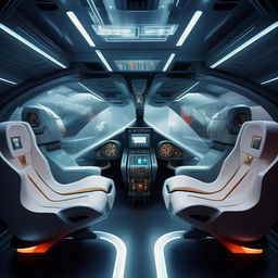 interior of rear cabin of futuristic jet fighter with interceptor devices, having two seats and transparent divider to front cabin