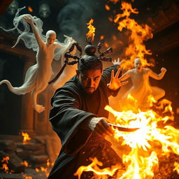 A thrilling scene showcasing a Chinese magician in a fierce struggle against ghostly entities, with multiple amulets creatively affixed to his head, symbolizing his magical prowess