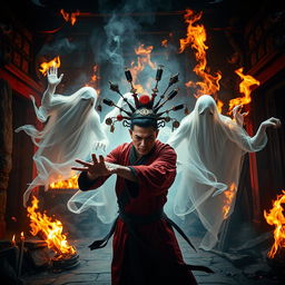 A thrilling scene showcasing a Chinese magician in a fierce struggle against ghostly entities, with multiple amulets creatively affixed to his head, symbolizing his magical prowess