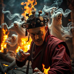 An intense and captivating scene of a Chinese magician in the midst of a battle against eerie ghostly figures, showcasing an array of amulets creatively stuck on his head as symbols of his mystical powers